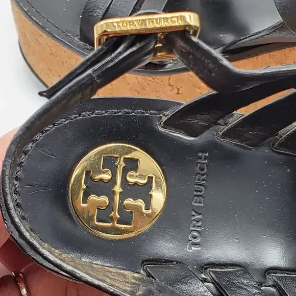Tory Burch Leslie Black Strappy Cork Wedge Sandals - Picture 11 of 11